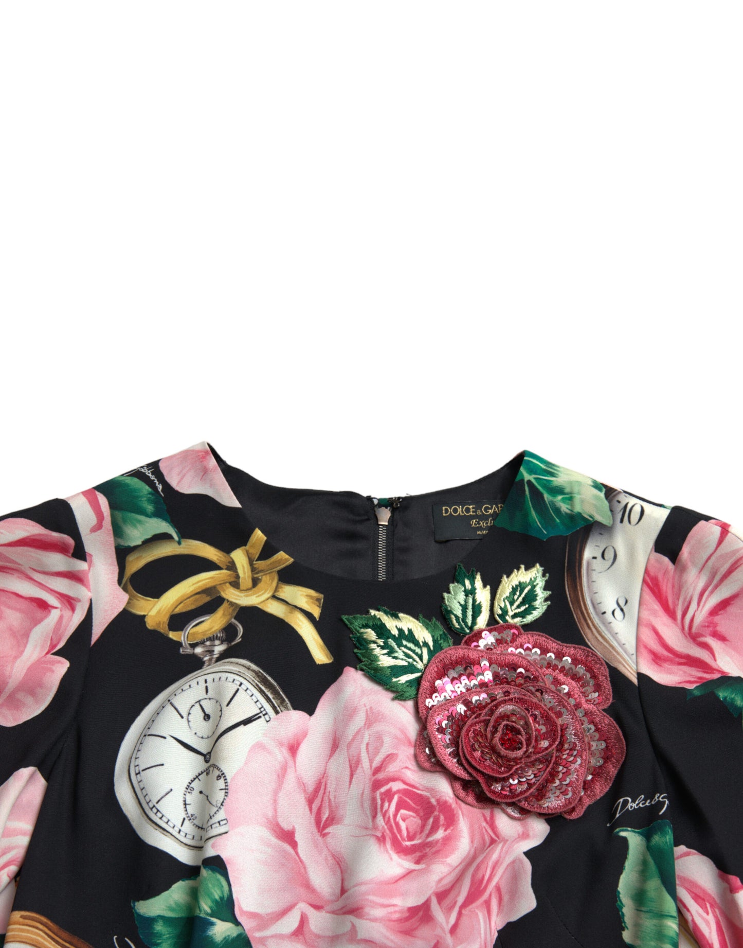 Dolce &amp; Gabbana Schwarzes A-Linien-Kleid aus Spitze mit Blumenverzierung