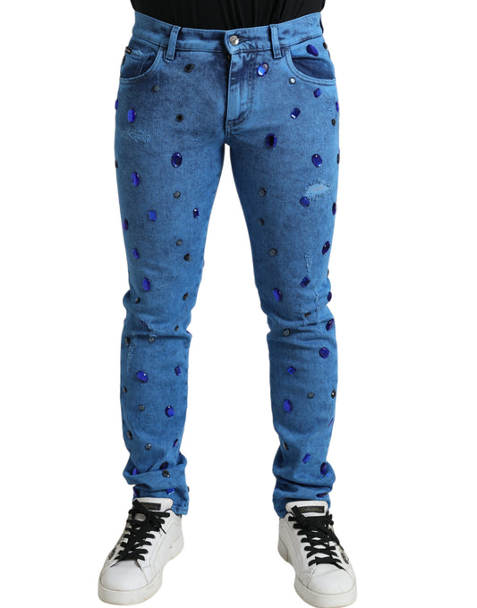 Dolce &amp; Gabbana – Blaue Skinny-Jeans mit Kristallverzierung