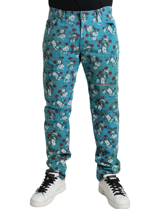 Dolce &amp; Gabbana – Enge Jeanshose aus Baumwolle mit Blumenmuster in Blau