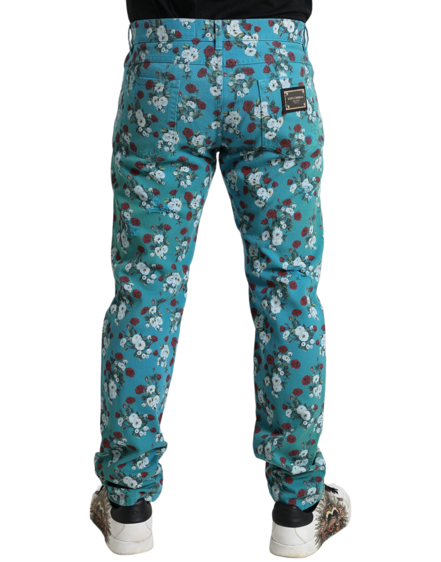 Dolce &amp; Gabbana – Enge Jeanshose aus Baumwolle mit Blumenmuster in Blau
