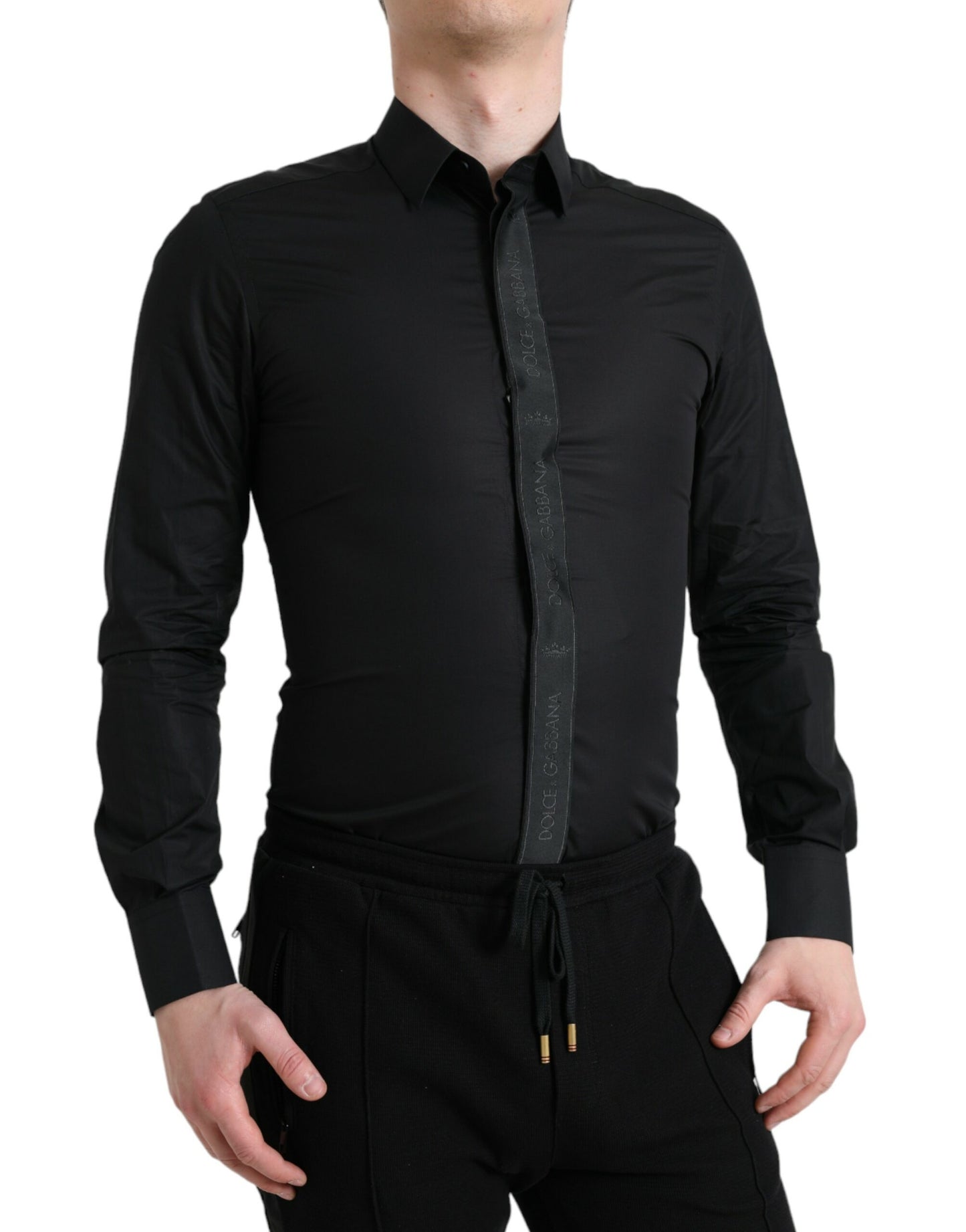 Dolce &amp; Gabbana – Schwarzes, formelles GOLD-Hemd aus Baumwolle mit Logo