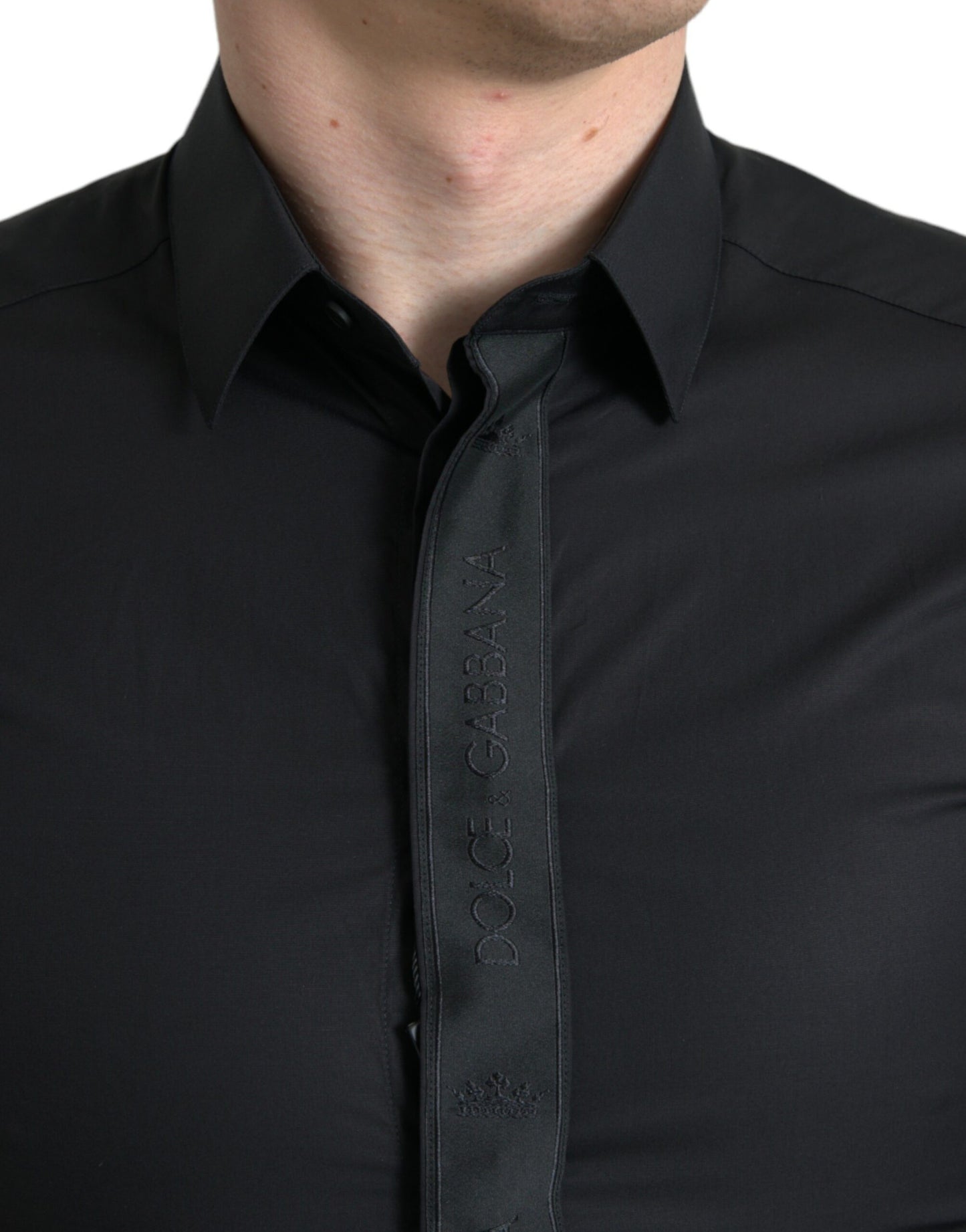 Dolce &amp; Gabbana – Schwarzes, formelles GOLD-Hemd aus Baumwolle mit Logo