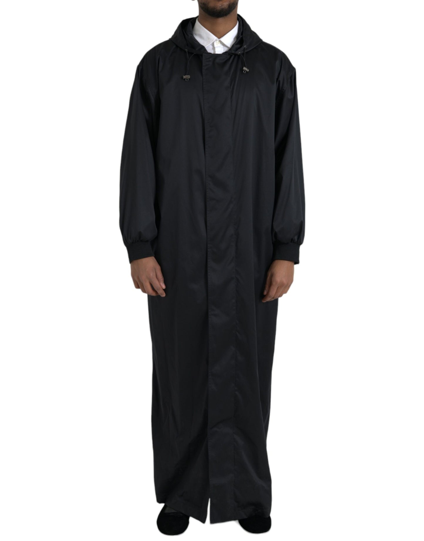 Dolce &amp; Gabbana – Lange Windjacke aus schwarzem Polyester mit Kapuze