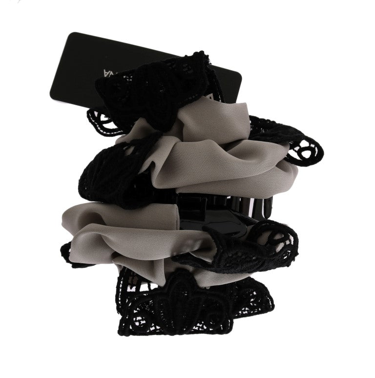 Dolce &amp; Gabbana Haarklammer aus grauer Seide und schwarzer Spitze