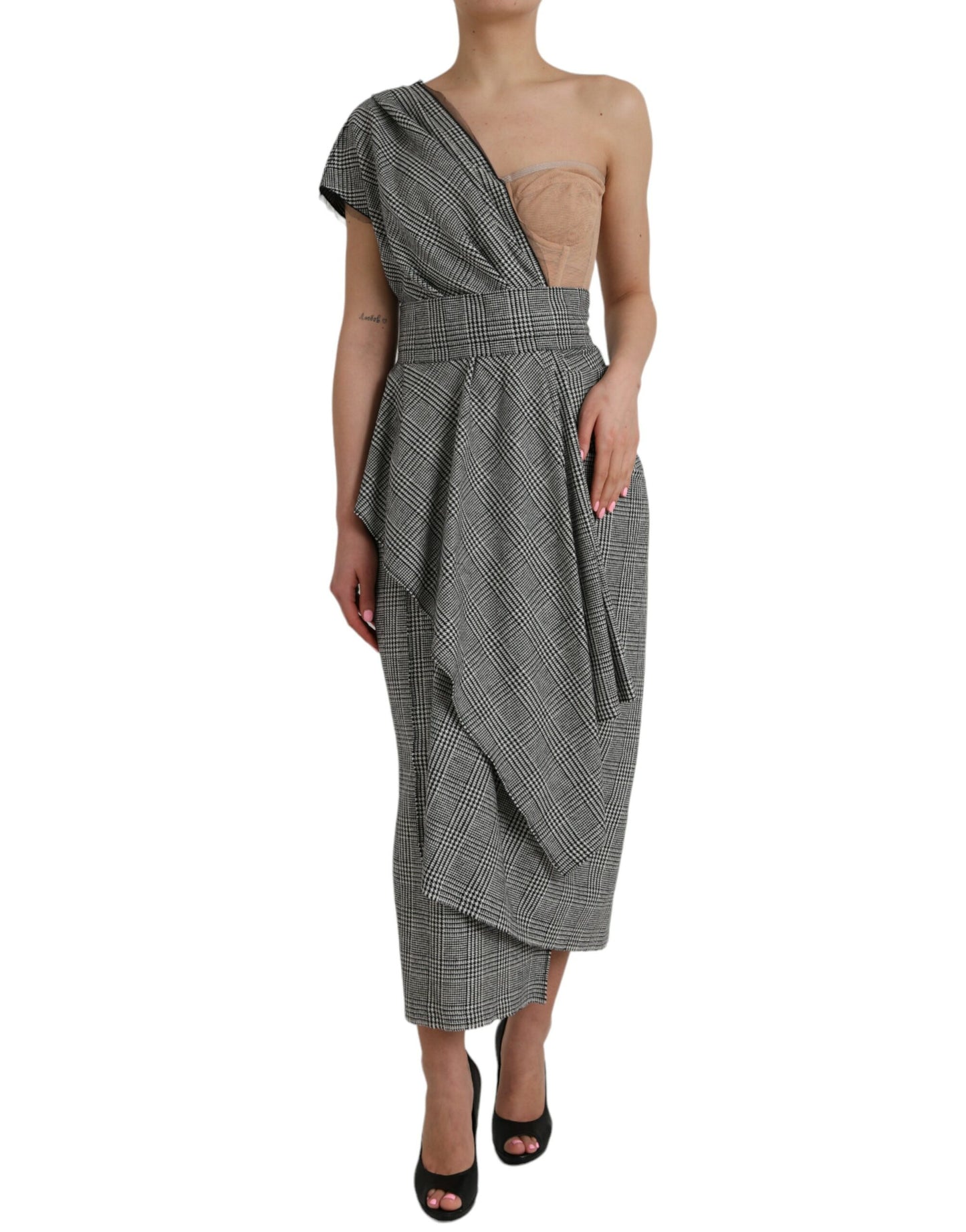 Dolce &amp; Gabbana Grau-Beige geschichtetes Maxikleid mit einer Schulter