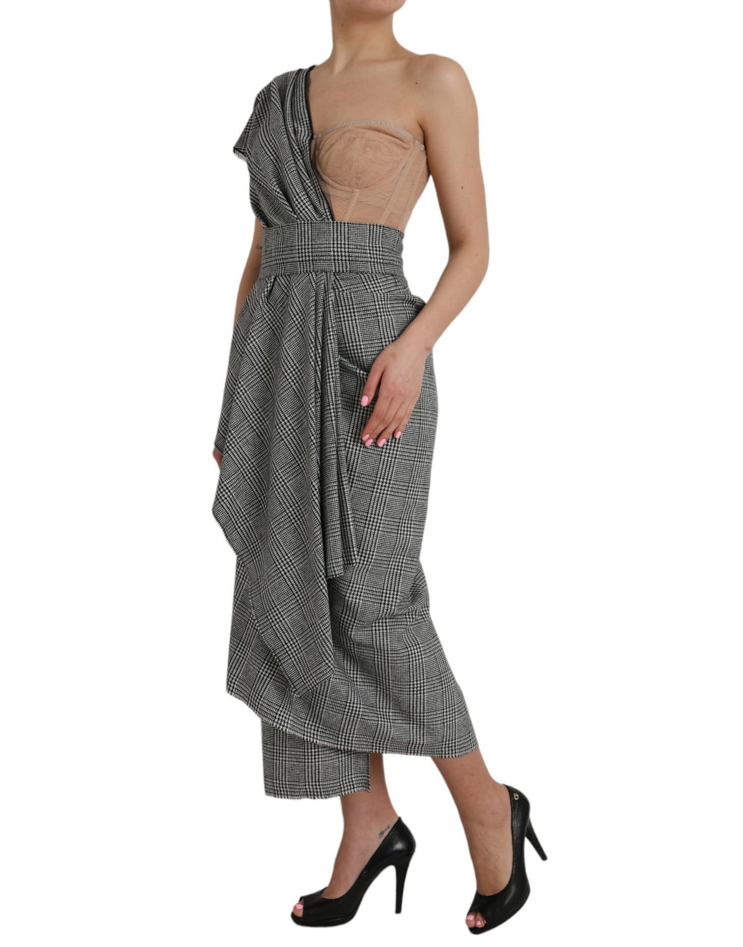 Dolce &amp; Gabbana Grau-Beige geschichtetes Maxikleid mit einer Schulter