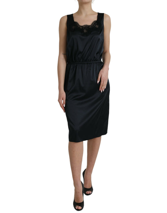 Dolce &amp; Gabbana – Schwarzes Midi-Etuikleid aus Polyester mit Spitzenbesatz