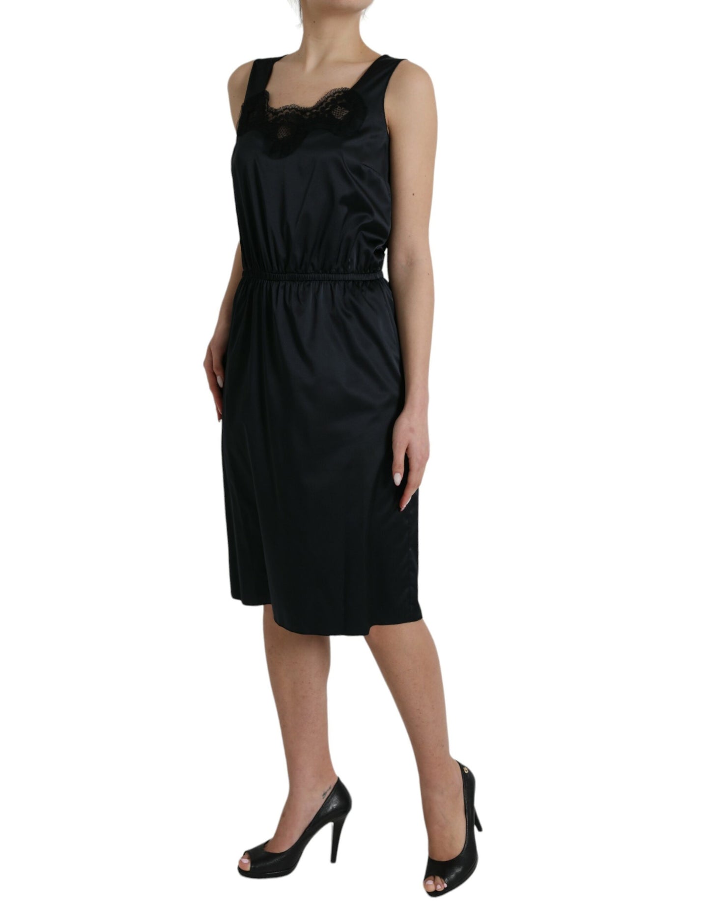 Dolce &amp; Gabbana – Schwarzes Midi-Etuikleid aus Polyester mit Spitzenbesatz