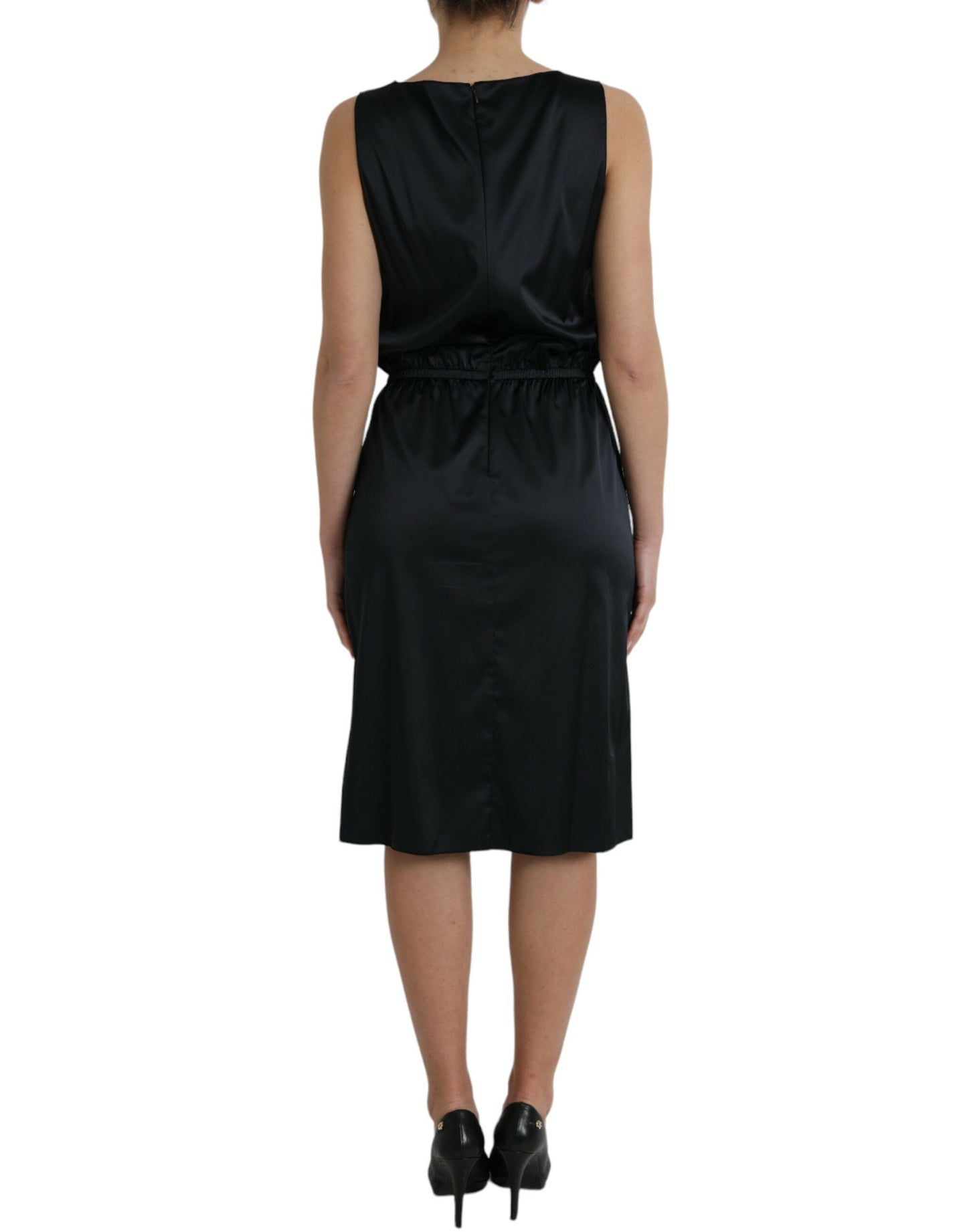 Dolce &amp; Gabbana – Schwarzes Midi-Etuikleid aus Polyester mit Spitzenbesatz