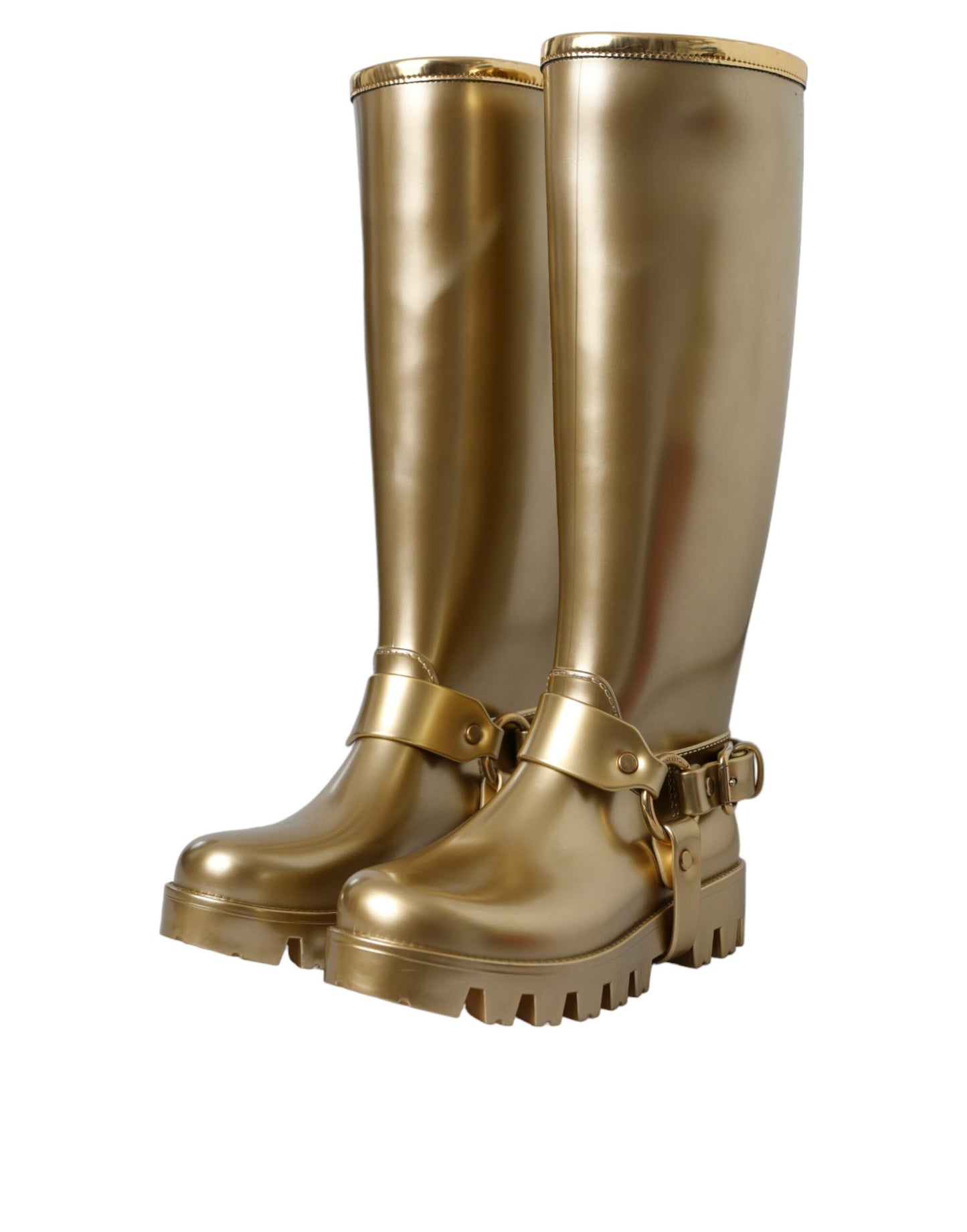 Dolce &amp; Gabbana Metallic Gold Gummi PVC Regenstiefel Schuhe