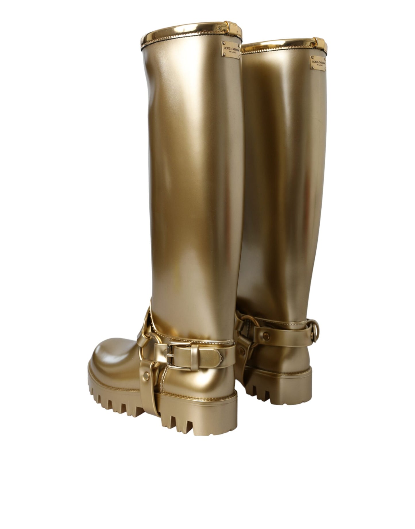 Dolce &amp; Gabbana Metallic Gold Gummi PVC Regenstiefel Schuhe
