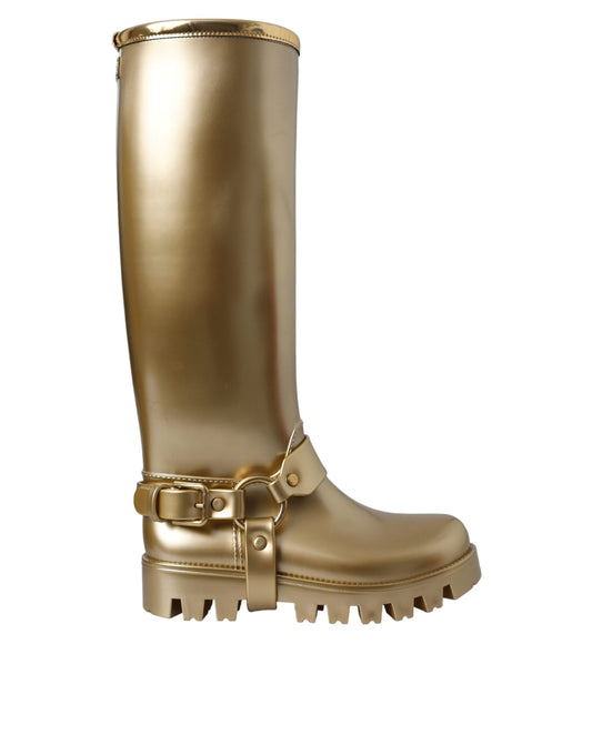 Dolce &amp; Gabbana Metallic Gold Gummi PVC Regenstiefel Schuhe