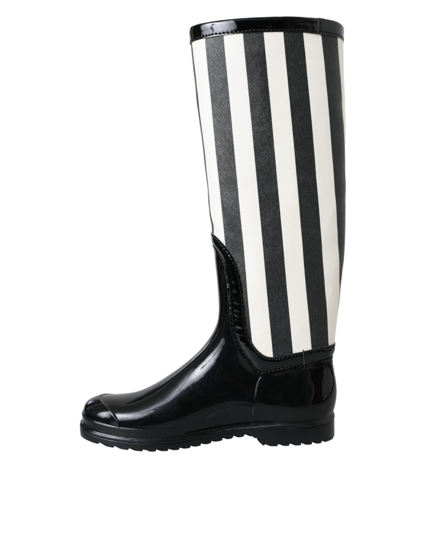 Dolce &amp; Gabbana – Kniehohe, flache Stiefel aus schwarzem Gummi