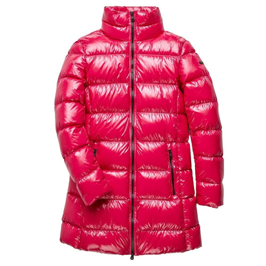Refrigiwear – Lange Daunenjacke mit schimmerndem Fuchsia-Muster