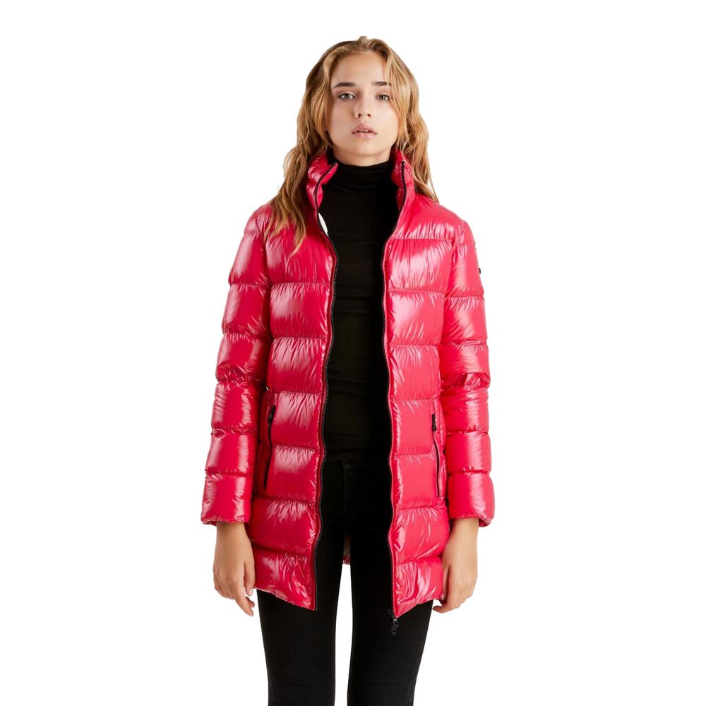 Refrigiwear – Lange Daunenjacke mit schimmerndem Fuchsia-Muster