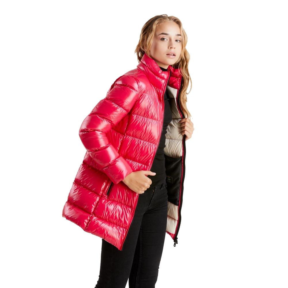 Refrigiwear – Lange Daunenjacke mit schimmerndem Fuchsia-Muster