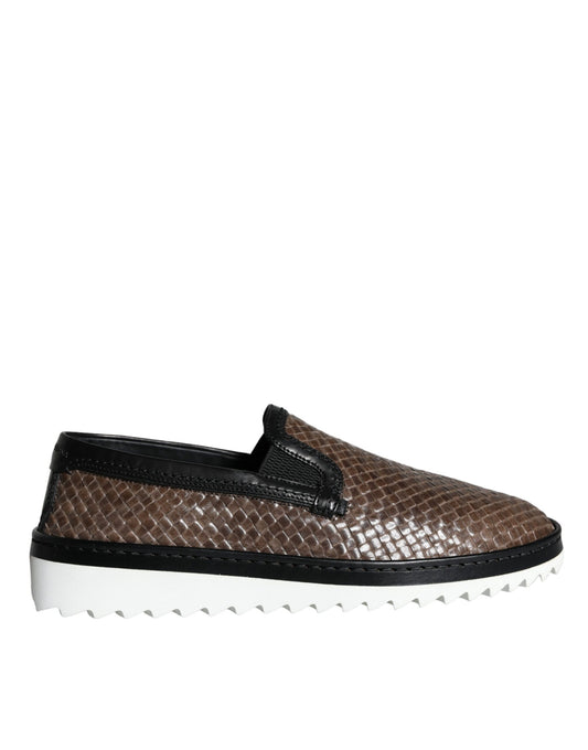 Dolce &amp; Gabbana Braun Schwarz Leder Gewebte Männer Loafer Schuhe