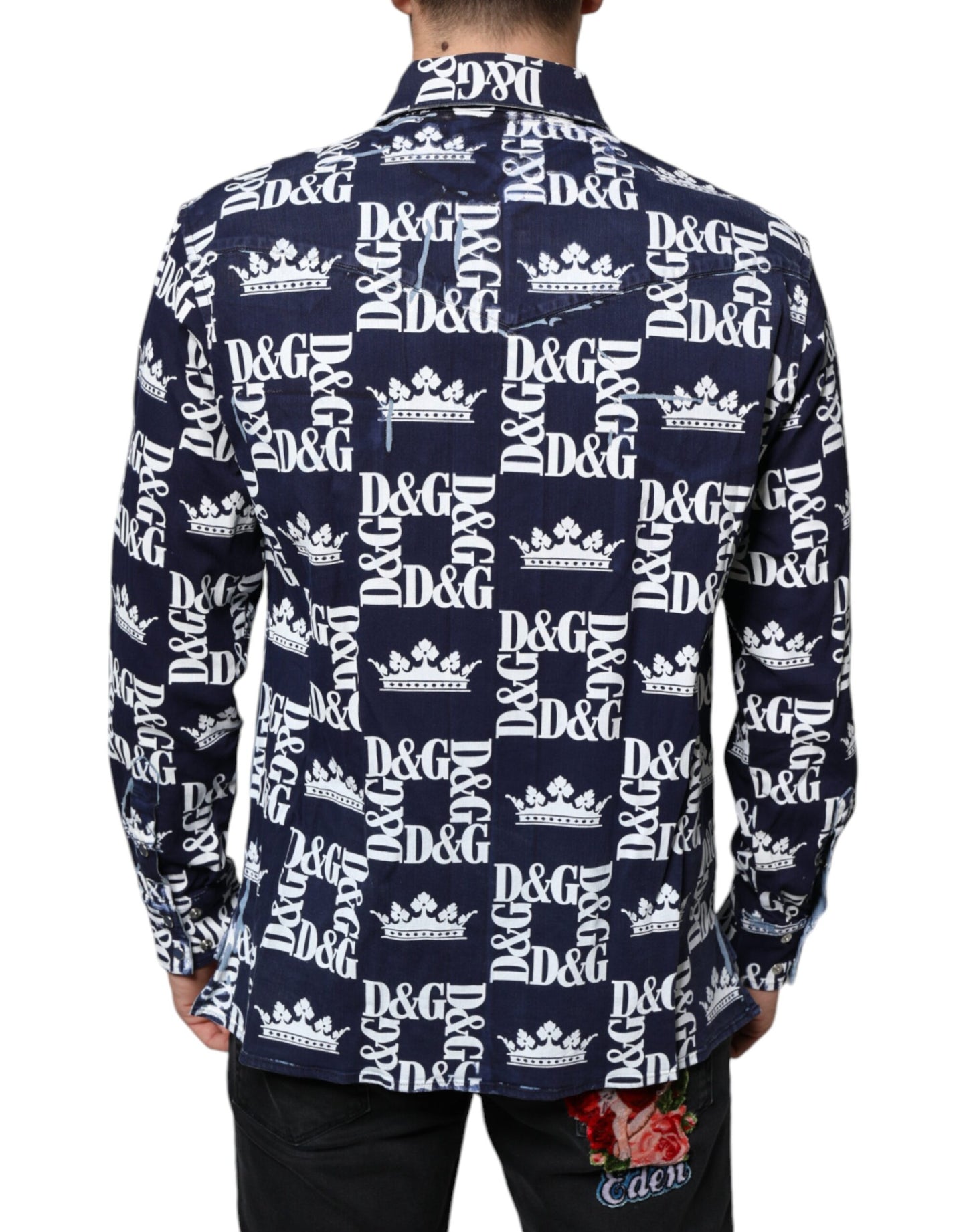 Dolce &amp; Gabbana – Slim Fit-Baumwollhemd mit blauem Kronen-Logo-Print