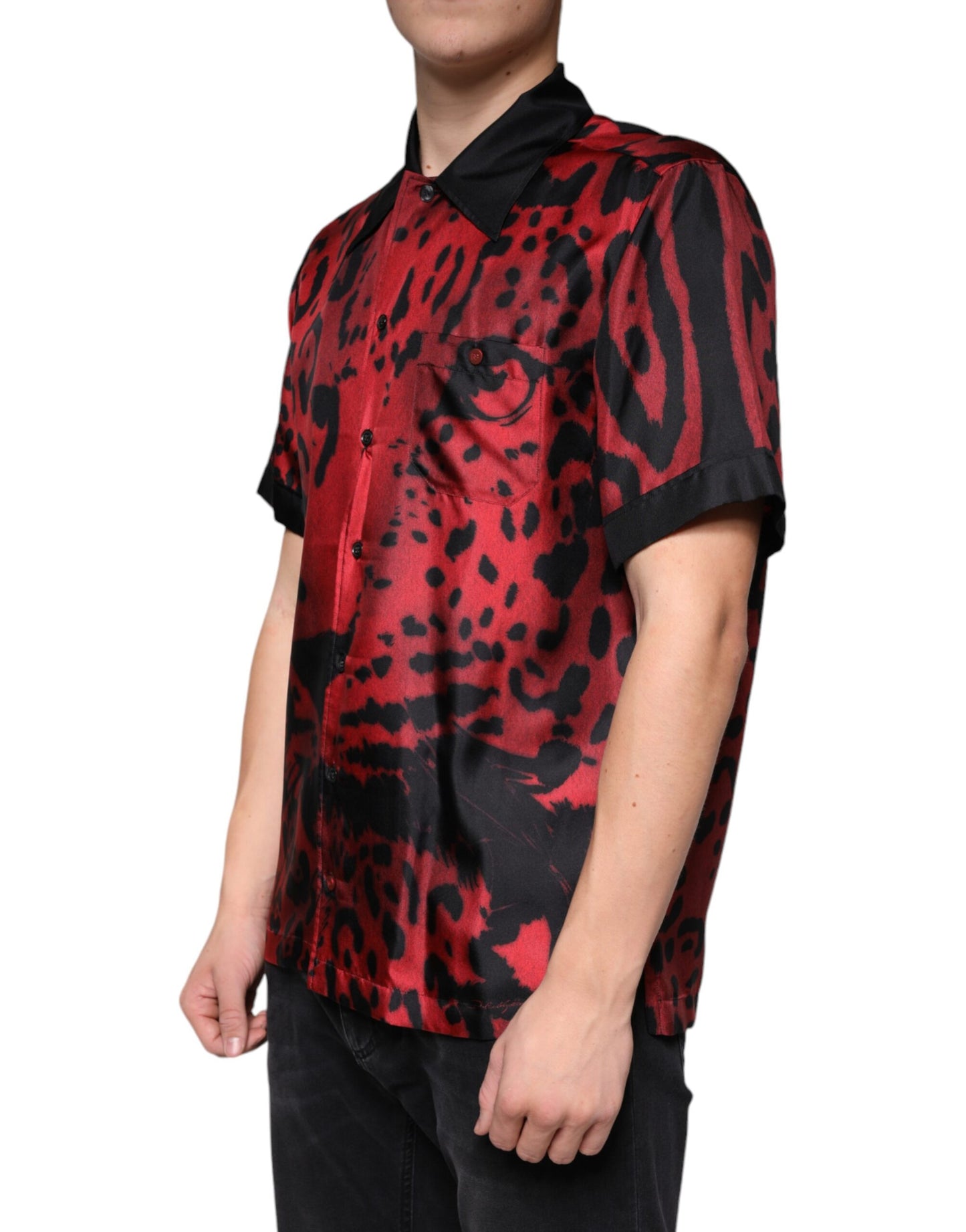 Dolce &amp; Gabbana Rotes Button-Down-Freizeithemd aus Seide mit Leopardenmuster