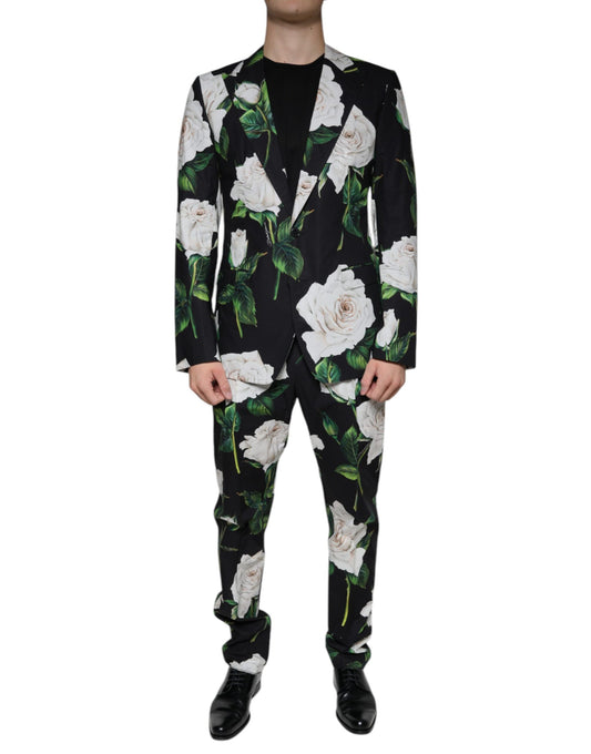 Dolce &amp; Gabbana – Schwarzer, formeller 2-teiliger Anzug aus Baumwolle mit Rosenmuster für Herren