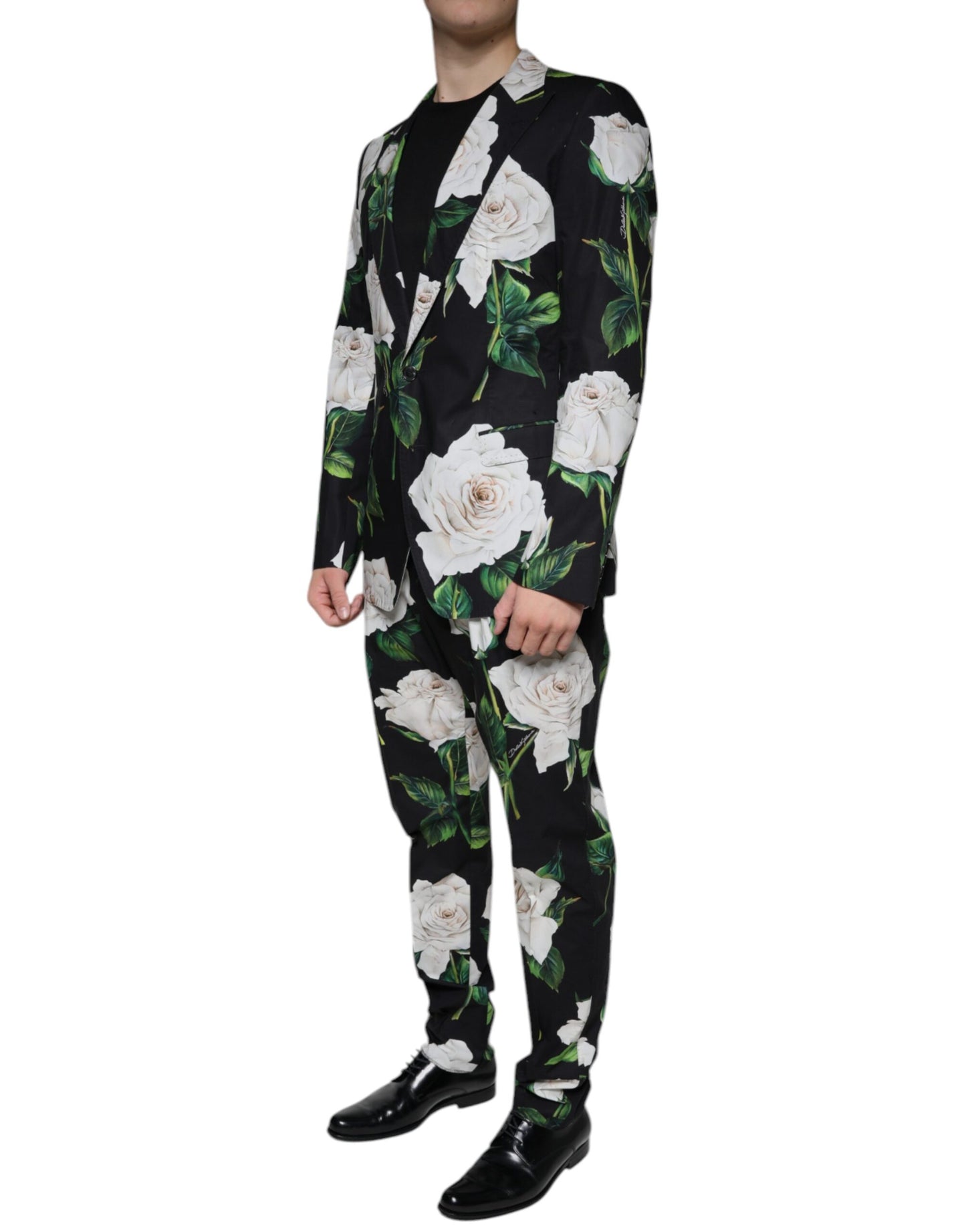 Dolce &amp; Gabbana – Schwarzer, formeller 2-teiliger Anzug aus Baumwolle mit Rosenmuster für Herren