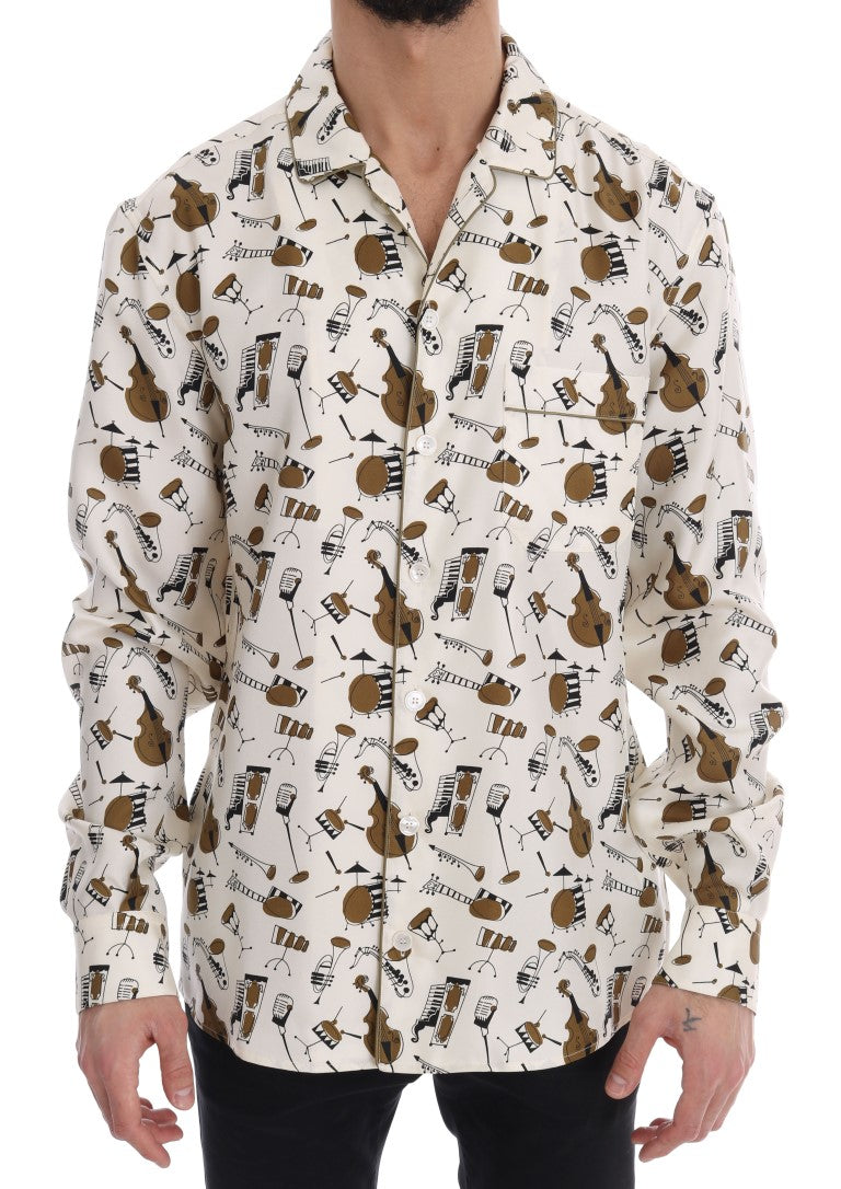 Dolce &amp; Gabbana Weißes Seidenhemd mit JAZZ-Motivdruck