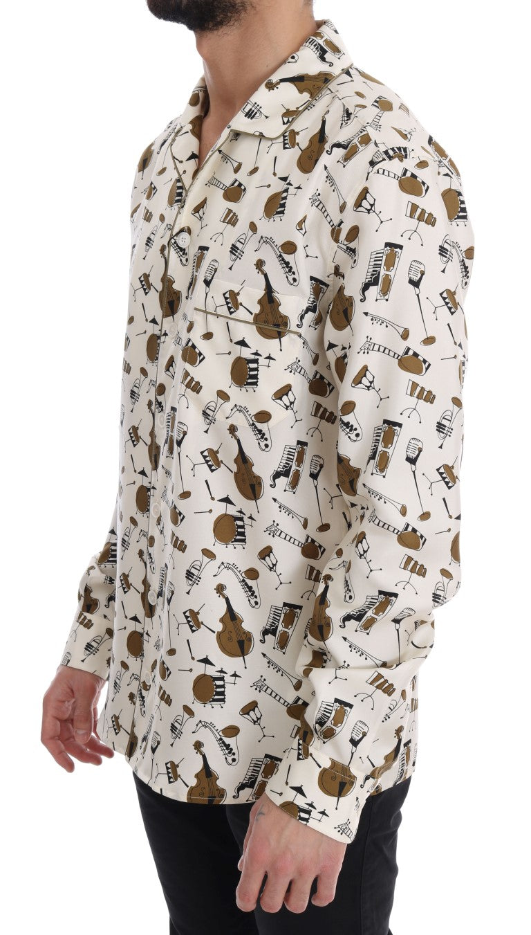 Dolce &amp; Gabbana Weißes Seidenhemd mit JAZZ-Motivdruck