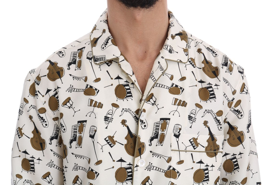 Dolce &amp; Gabbana Weißes Seidenhemd mit JAZZ-Motivdruck