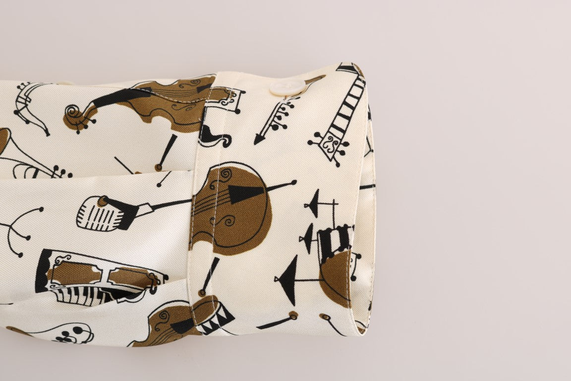 Dolce &amp; Gabbana Weißes Seidenhemd mit JAZZ-Motivdruck