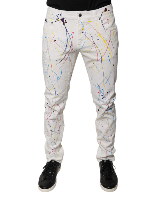 Dolce &amp; Gabbana – Weiße Skinny-Jeans mit Farbspritzer-Print