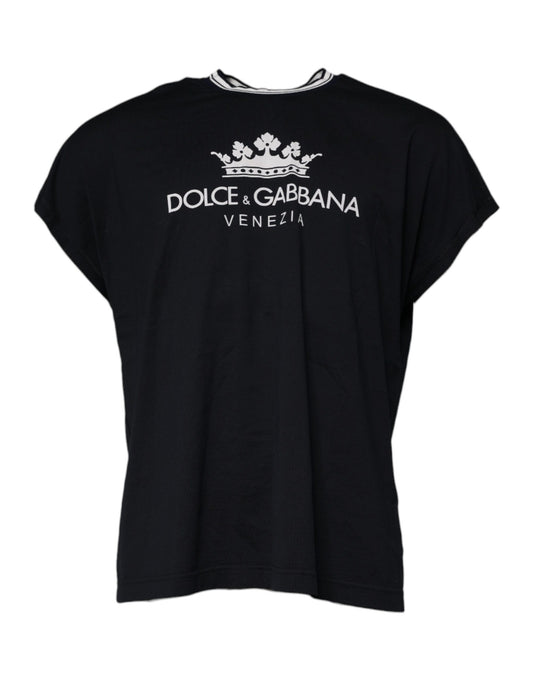 Dolce &amp; Gabbana – Dunkelblaues T-Shirt aus Baumwolle mit Rundhalsausschnitt und Logo „Krone“