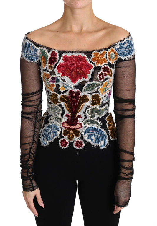Dolce &amp; Gabbana – Schwarzes T-Shirt mit Blumenstickerei