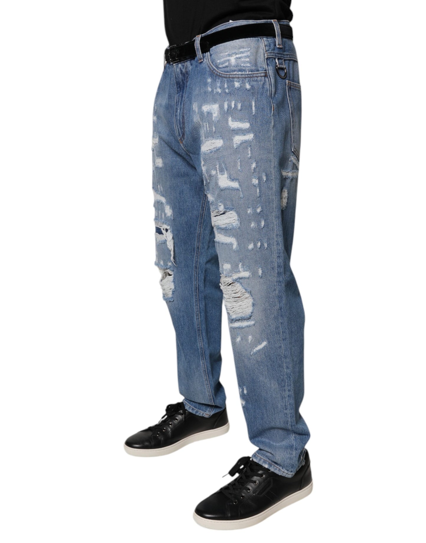 Dolce & Gabbana Blue Tattered Straight Cotton Denim Jeans