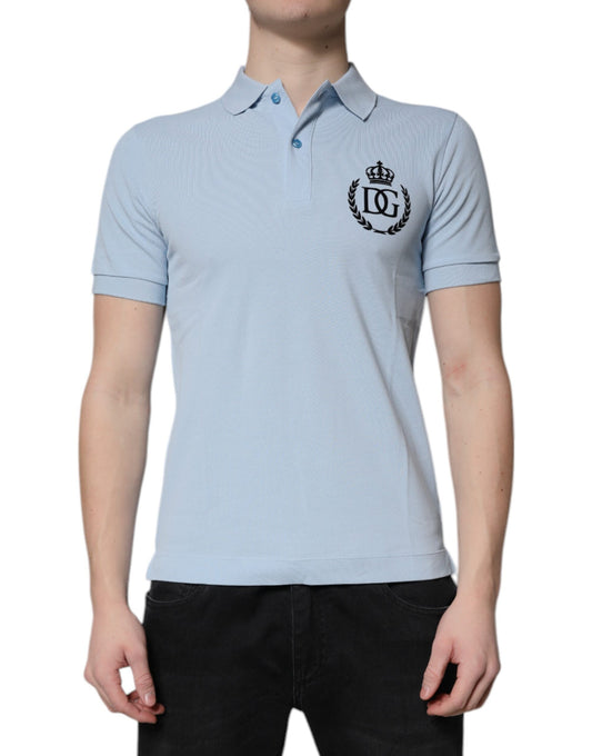 Dolce &amp; Gabbana – Himmelblaues Polo-T-Shirt aus Baumwolle mit Kronenkragen