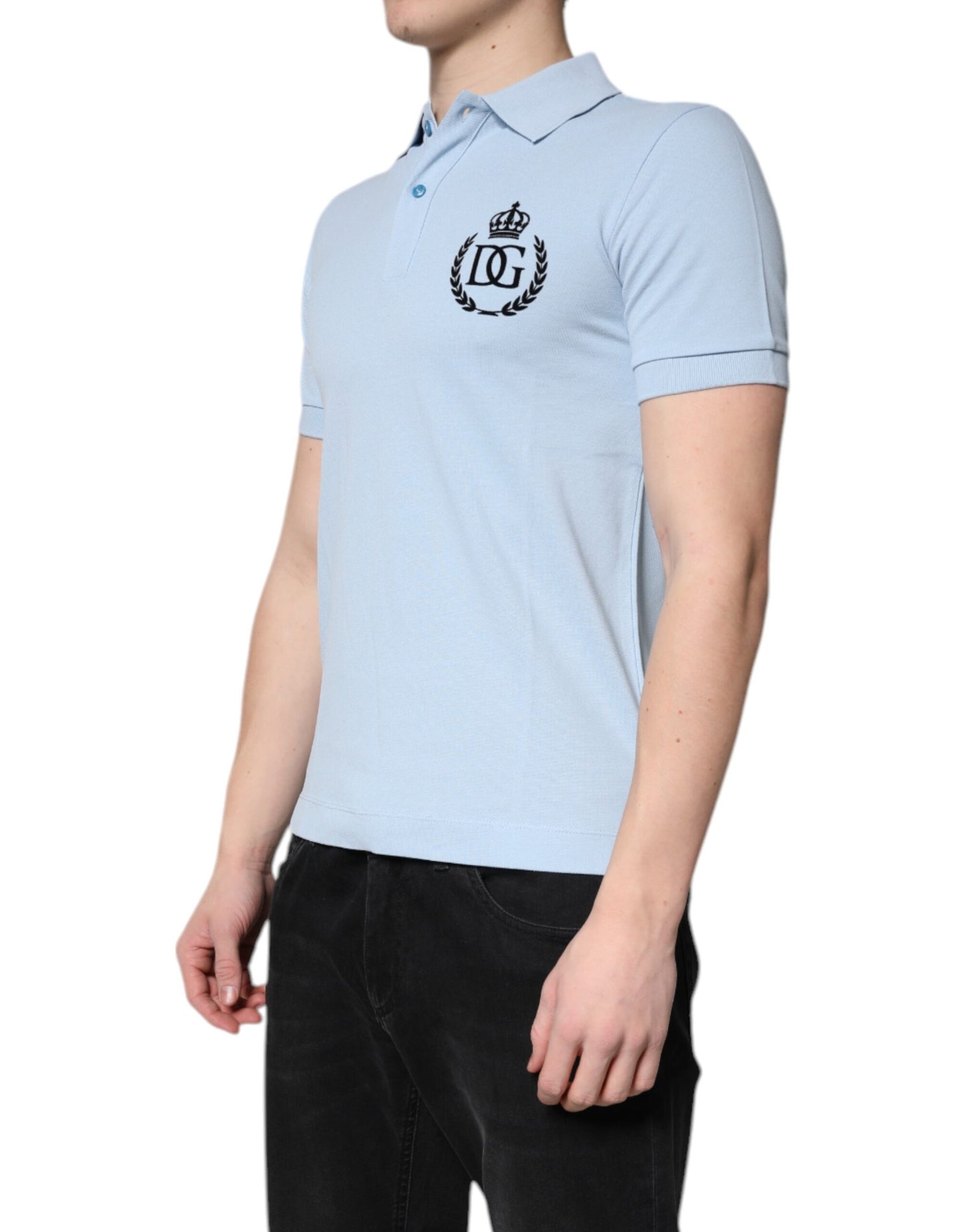 Dolce &amp; Gabbana – Himmelblaues Polo-T-Shirt aus Baumwolle mit Kronenkragen