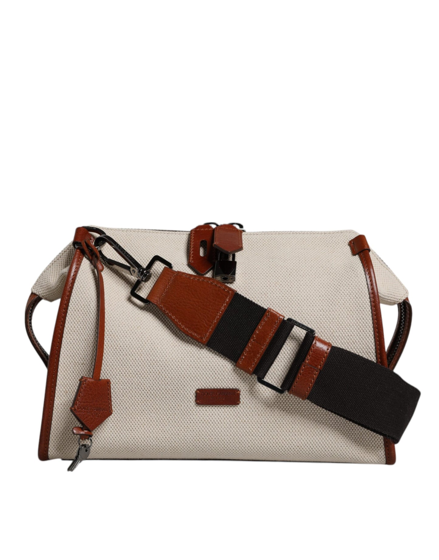 Dolce &amp; Gabbana Beigebraune Duffle-Umhängetasche aus Baumwollleder