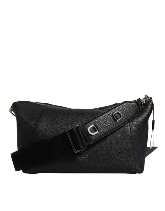 Dolce &amp; Gabbana – Schulter-Umhängetasche aus schwarzem Leder mit Logo-Plakette