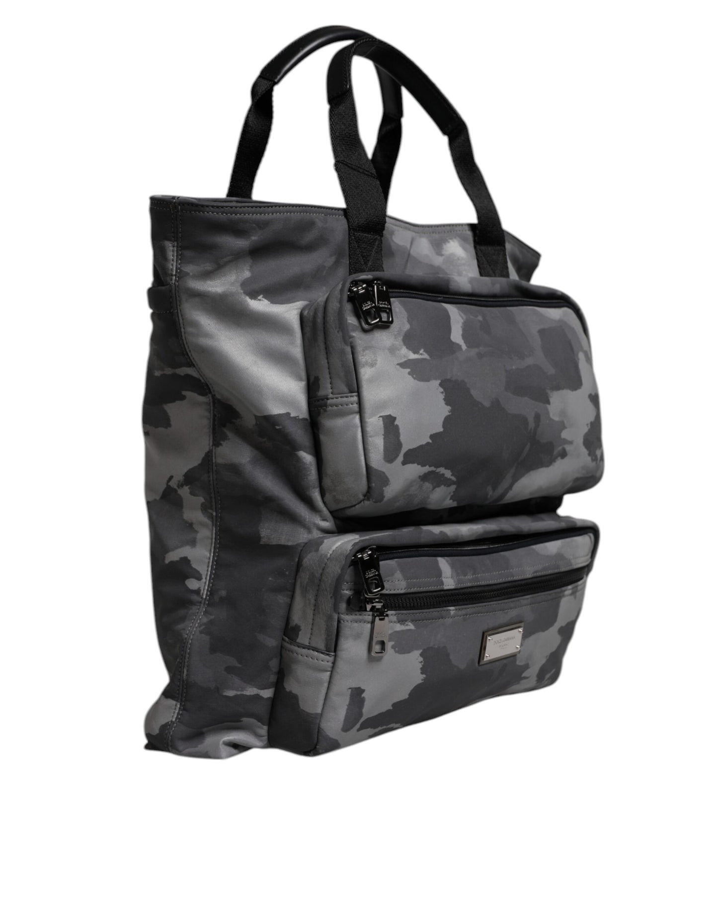 Dolce &amp; Gabbana – Tragetasche aus Baumwolle mit mehreren Fächern in Grau mit Camouflage-Muster