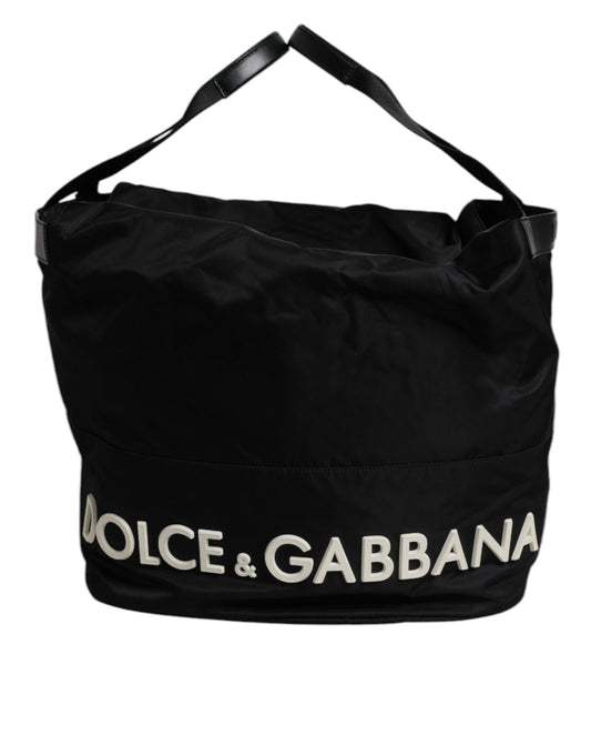 Dolce &amp; Gabbana – Schultertasche aus schwarzem Nylon mit weißem ikonischem Logo