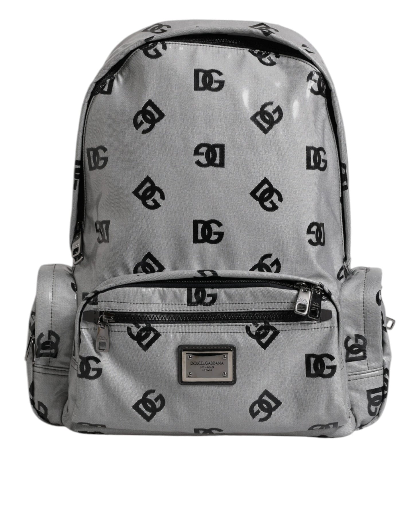 Dolce &amp; Gabbana Polyester Grau Schwarz DG Logo Plakette Rucksack Tasche