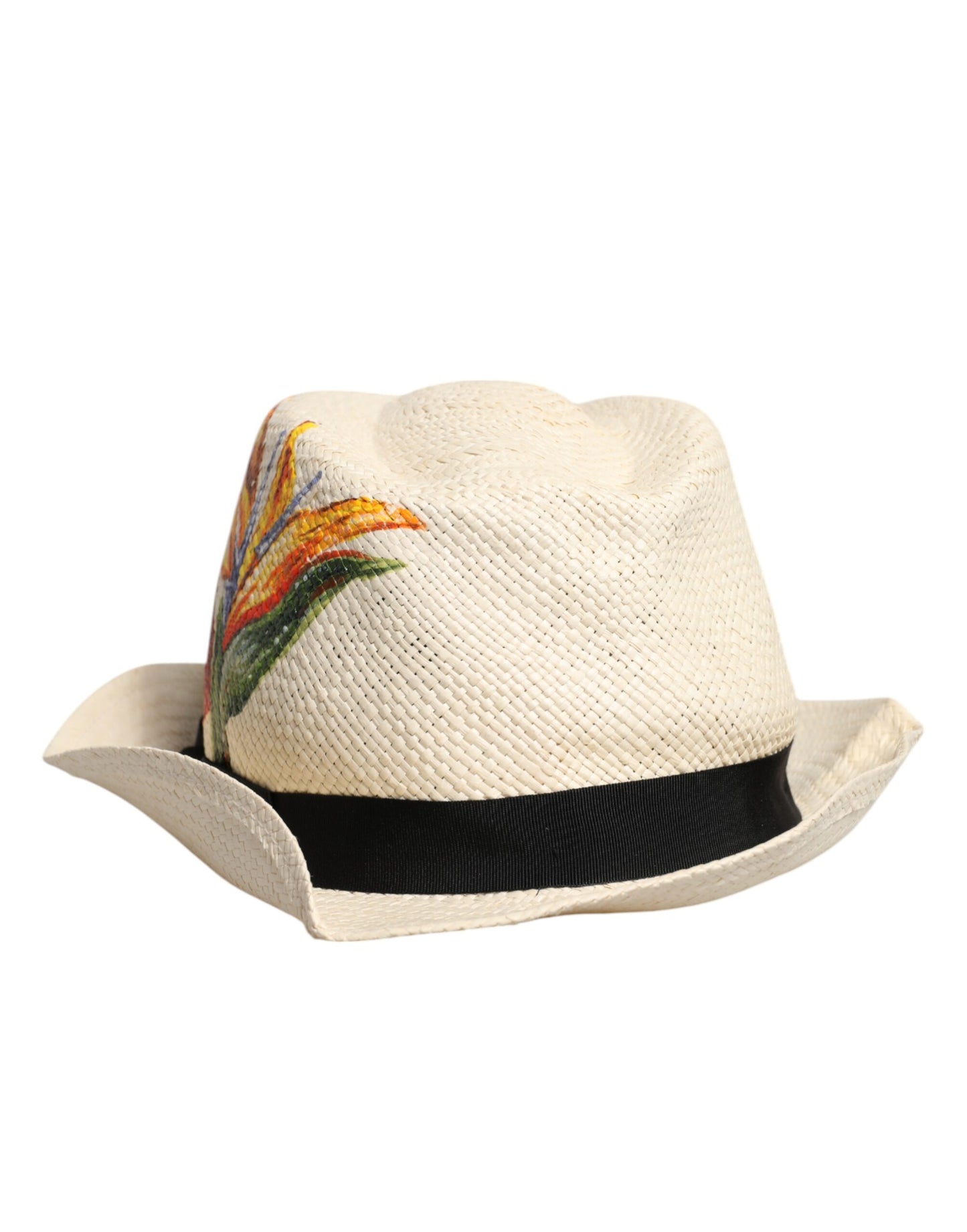 Dolce & Gabbana Beige Floral Print Straw Wide Brim Fedora Hat