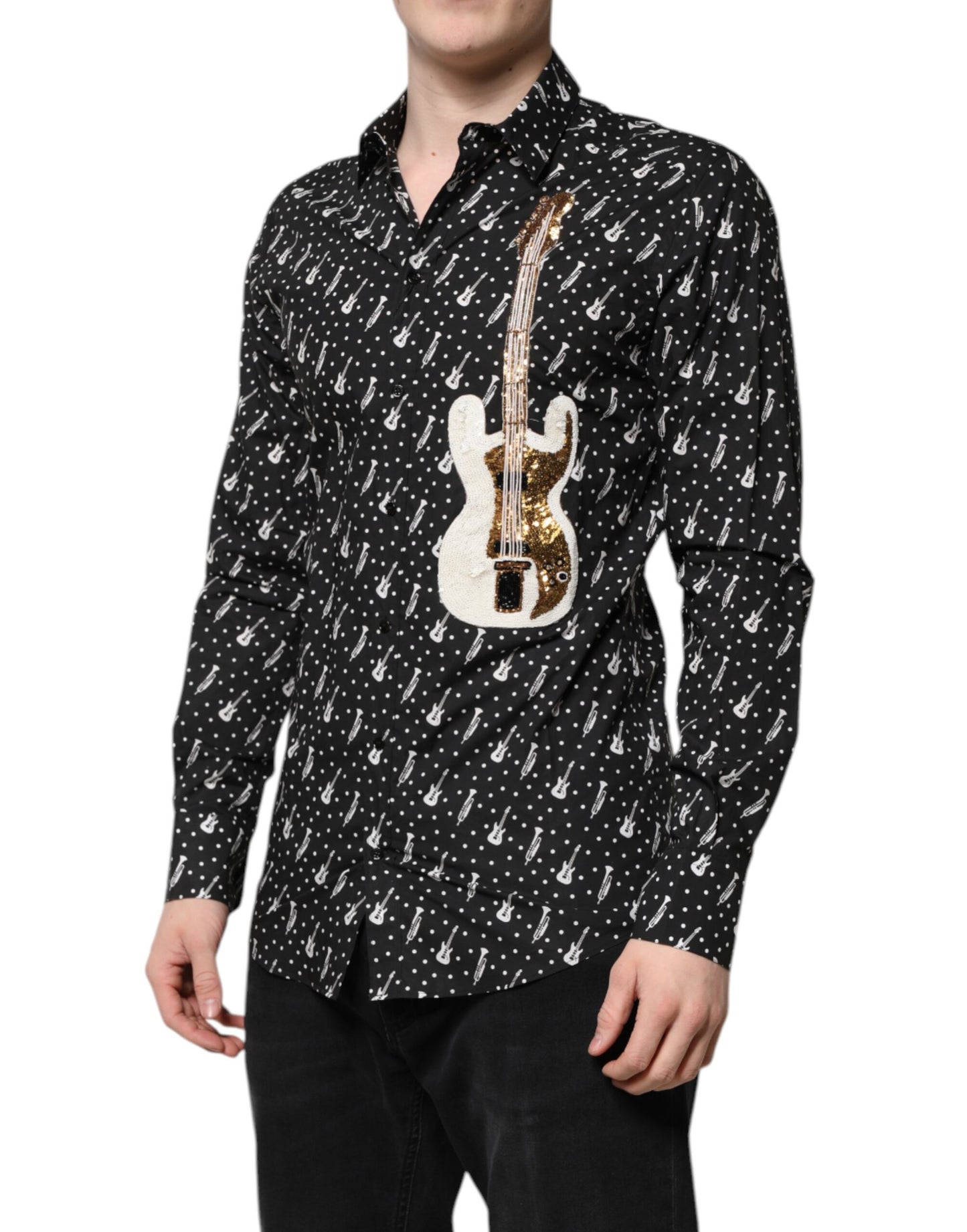 Dolce &amp; Gabbana Schwarzes GOLD-Hemd mit Instrumentenverzierung
