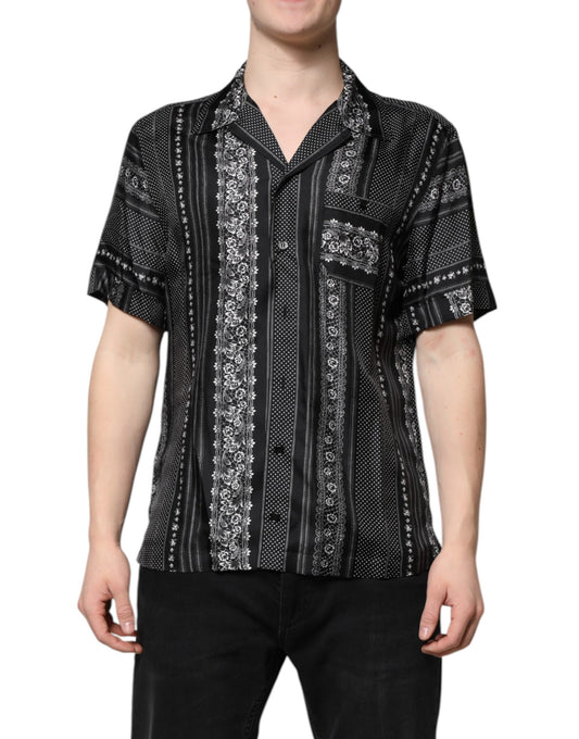 Dolce &amp; Gabbana – Schwarzes Seidenhemd mit Blumendruck und kurzen Ärmeln