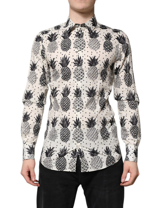 Dolce &amp; Gabbana – Weißes, langärmliges GOLD-Hemd mit Ananas-Print