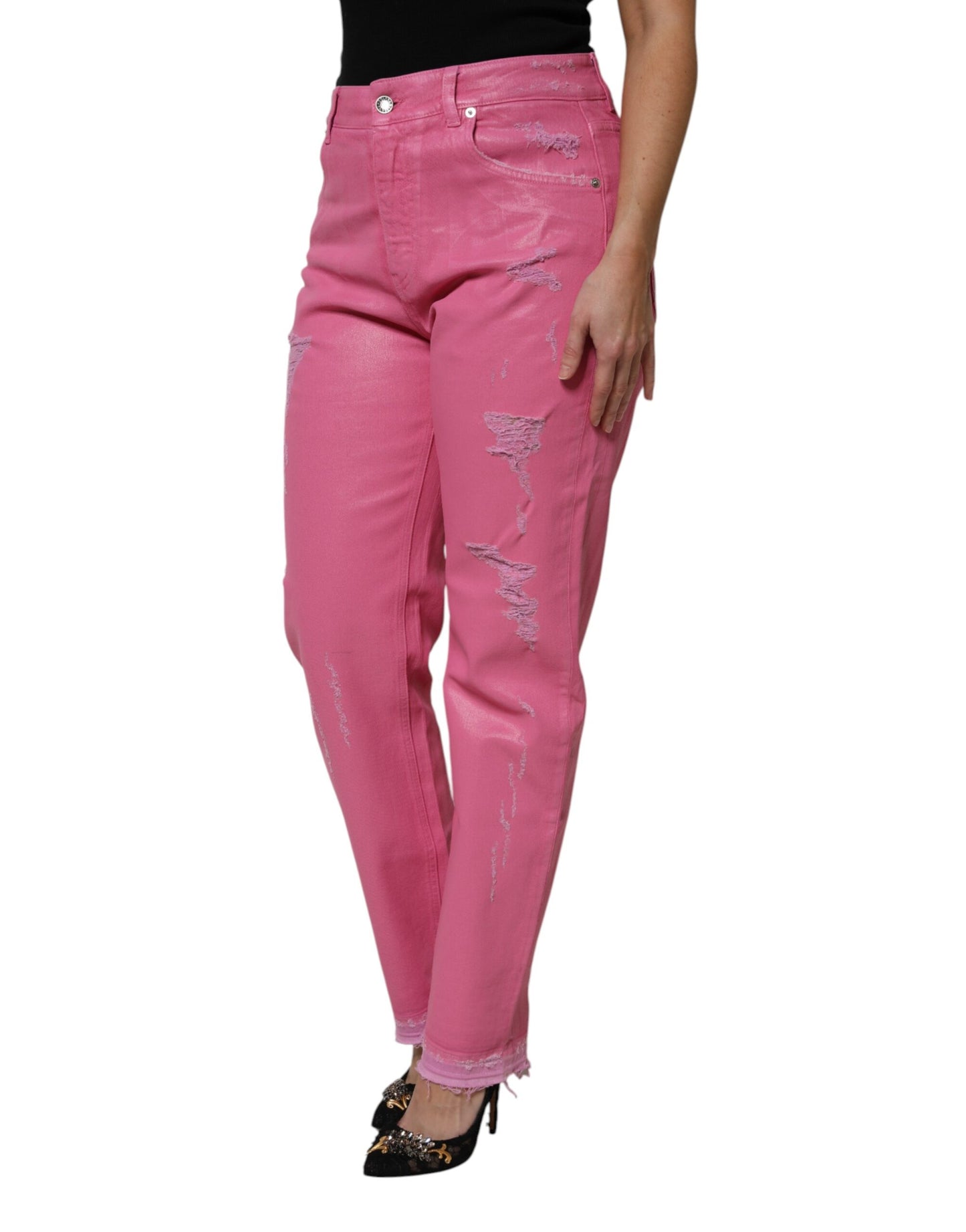 Dolce &amp; Gabbana – Zerfetzte, konisch zulaufende Jeans aus Denim mit mittlerer Taille in Rosa