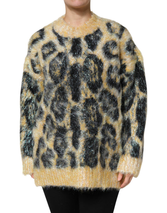 Dolce & Gabbana Mehrfarbiger Pullover aus Mohair mit Leopardenmuster und Rundhalsausschnitt