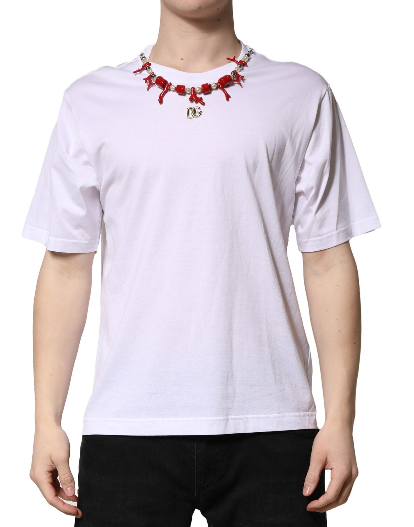 Dolce &amp; Gabbana – Weißes, verziertes Baumwoll-T-Shirt mit Rundhalsausschnitt