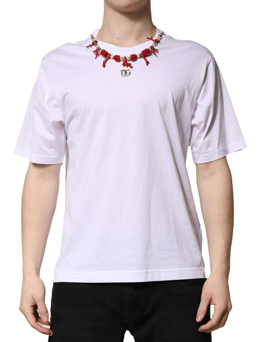 Dolce &amp; Gabbana – Weißes, verziertes Baumwoll-T-Shirt mit Rundhalsausschnitt