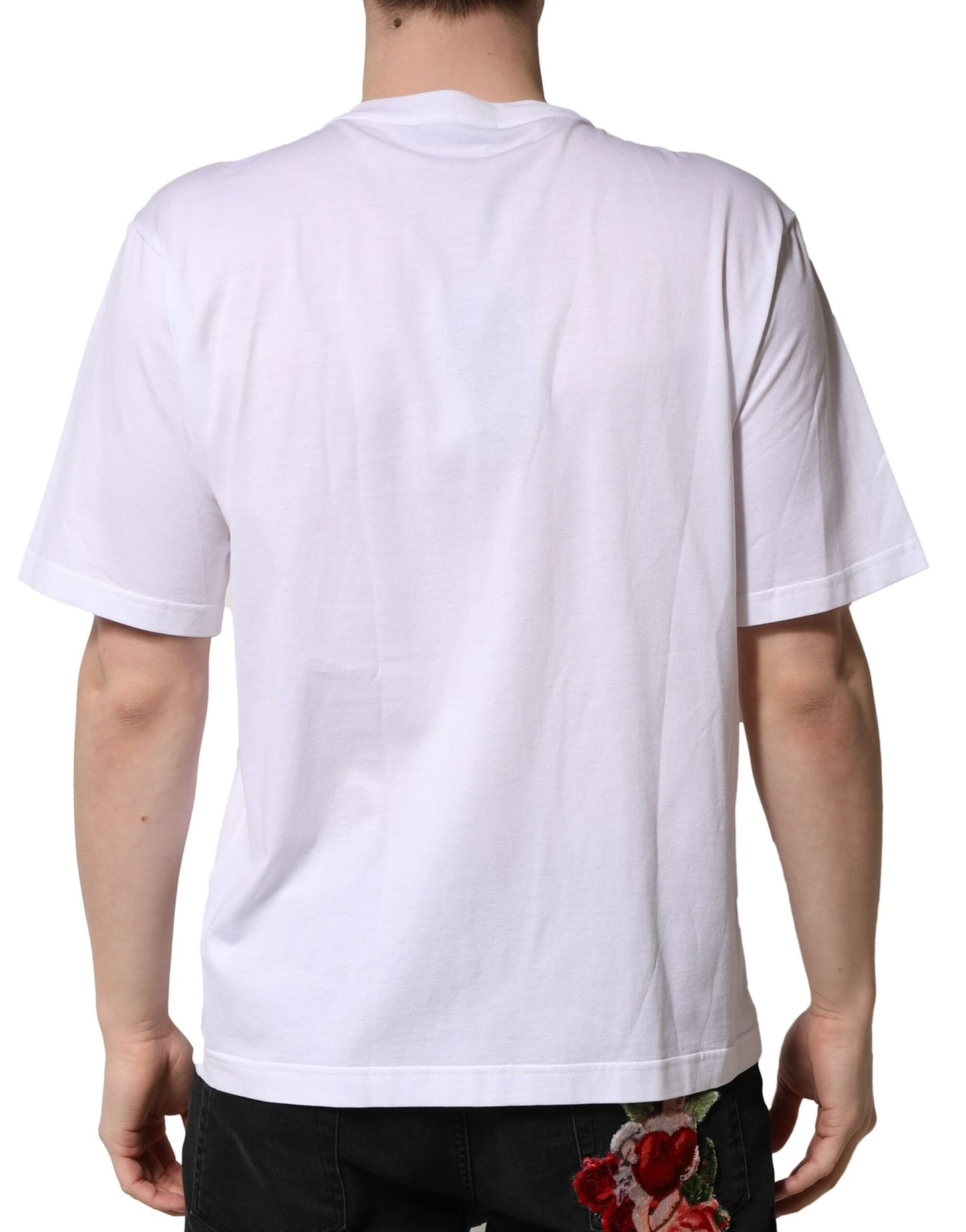 Dolce &amp; Gabbana – Weißes, verziertes Baumwoll-T-Shirt mit Rundhalsausschnitt