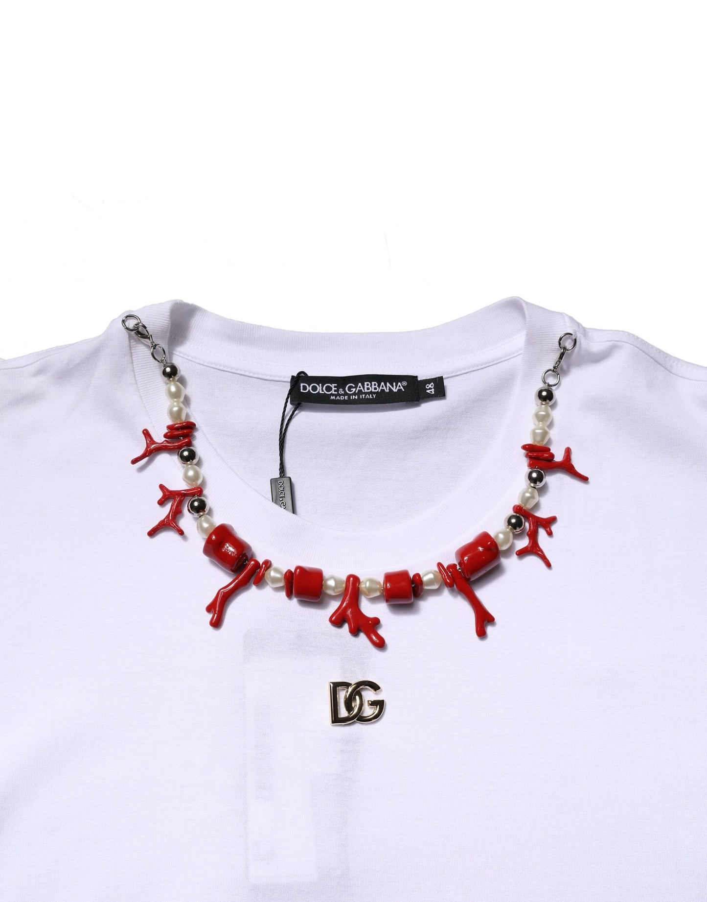 Dolce &amp; Gabbana – Weißes, verziertes Baumwoll-T-Shirt mit Rundhalsausschnitt